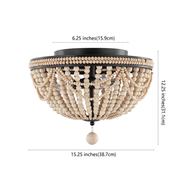 Dune Wood Bead 15.25" Bohemian Farmhouse Iron LED Semi Flush Mount - JONATHAN Y